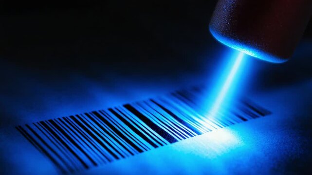 Laser Scanning Technology Captured in Action: Illuminating a Barcode with Radiant Blue Light for High-Precision Data Retrieval and Inventory Management Applications