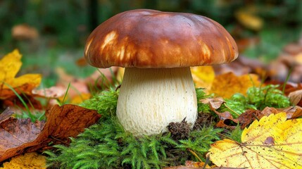 Fototapeta premium Magnificent mushroom stands tall amidst vibrant autumn foliage and moss.