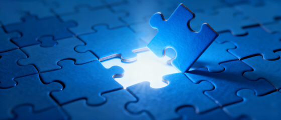 Fototapeta premium Blue Puzzle Missing One Glowing Piece 