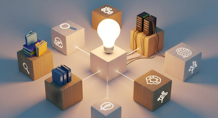 Illuminated idea hub with connected knowledge blocks sparks innovation