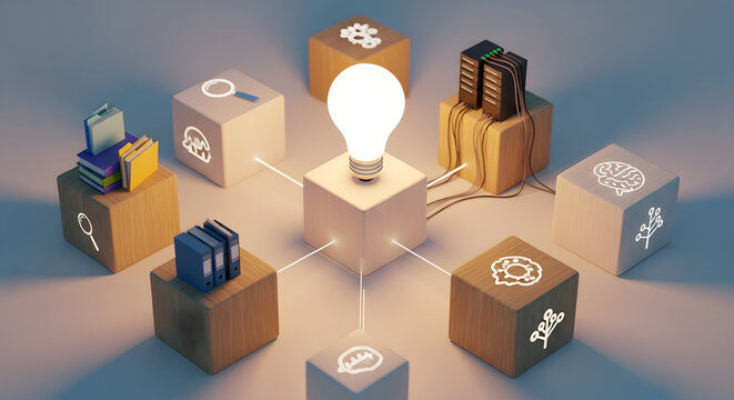 Illuminated idea hub with connected knowledge blocks sparks innovation