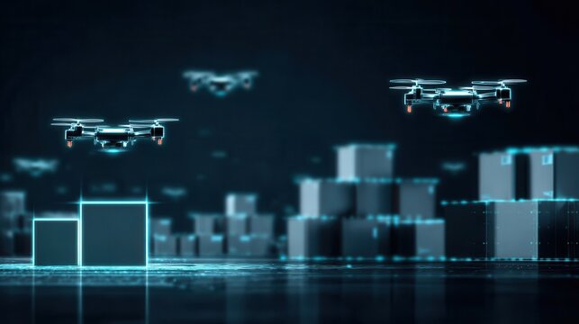 Predictive logistics futuristic warehouse with autonomous delivery drones sorting packages in neon light environment for efficiency and innovation