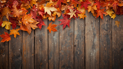 autumn leaves on wooden background