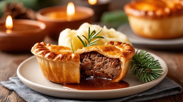 Savory Meat Pie with Creamy Mashed Potatoes and Herbs on Table