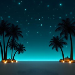 Obraz premium Tropical night with silhouetted palm trees glowing pumpkins and starry sky