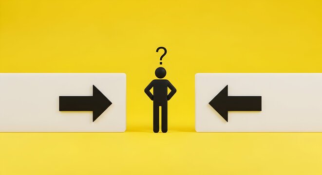Person faces dilemma with choices, question mark, arrows pointing directions