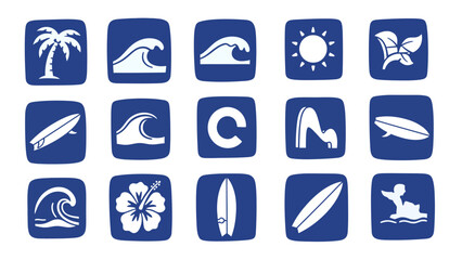 Hawaii Icon Set: Palm Tree, Waves, Surfboard, Hibiscus, and More in Blue and White