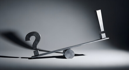 Question mark and exclamation point balance on seesaw symbolizing dilemma