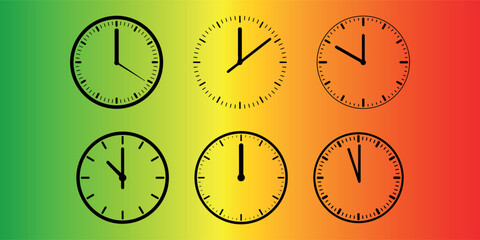 Clock Time Vector Illustration Set on Rasta Color Gradient Background for Timekeeping