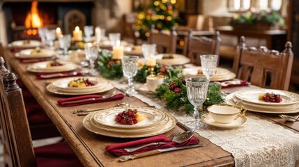 Fototapeta premium Elegant Holiday Dining Table Set for Festive Celebration Gathering