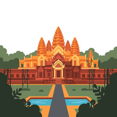 Naklejka premium Stylized illustration of Angkor Wat temple complex with pathway and lush greenery.
