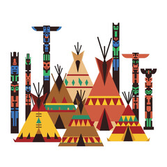 Colorful illustration of various teepees and totem poles representing indigenous culture and heritage. © Gilang