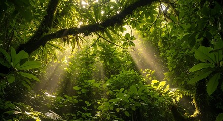 Obraz premium Sunlight Through Dense Green Forest Canopy