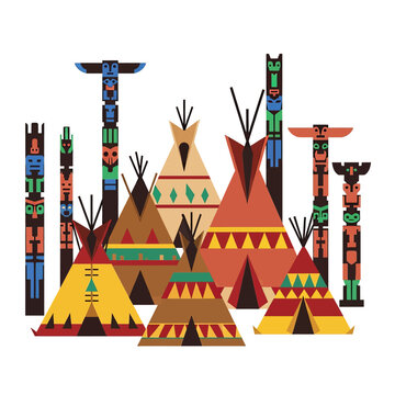 Colorful illustration of various teepees and totem poles representing indigenous culture and heritage.