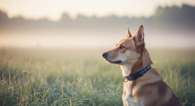 Alert domestic dog sits peacefully in a misty morning field contemplating the new day - Powered by Adobe