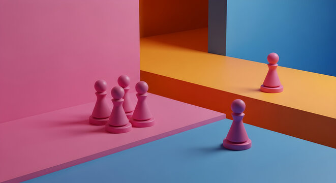 Abstract pawns visualize strategy, teamwork, and leadership in colorful space