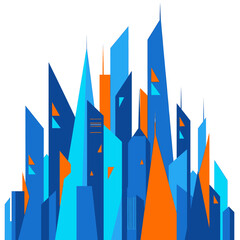A dynamic and abstract representation of a modern city with sharp, geometric skyscrapers in blue and orange.