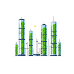 Futuristic cityscape with cylindrical buildings filled with lush green vegetation, a symbol of sustainable urban design.