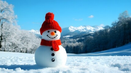 Obraz premium Snowman in winter landscape with mountains and clear blue sky on a sunny day