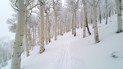 Obraz premium Snowy Aspen Forest Path on a Winter Day.