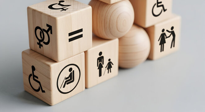 Wooden blocks with diverse inclusion symbols promote equality and accessibility awareness