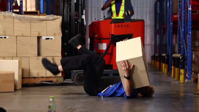 First Aid and safety first. Professional engineering teamwork. Warehouse worker colleague runs in to help coworker lying unconscious at industrial factory. being struck by forklift