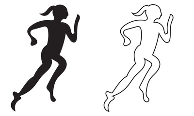 Fototapeta premium Silhouette and outline of woman running icon. Black flat and outline of a running woman, symbolizing fitness, jogging, health, and active lifestyle in minimalist design.