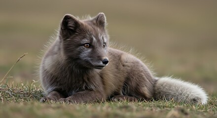 A fluffy arctic fox pup rests in a grassy field, looking alert with its amber eyes