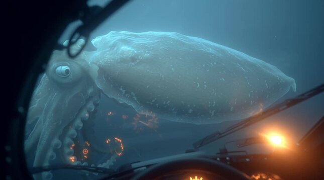 Atmospheric underwater scene inside a deep-sea submersible. Beams of light cut through black abyss, revealing a massive, glowing bioluminescent squid approaching the cockpit. 