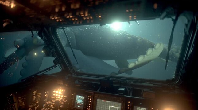 Atmospheric underwater scene inside a deep-sea submersible. Beams of light cut through black abyss, revealing a massive, glowing bioluminescent squid approaching the cockpit. 