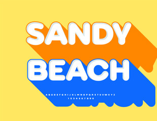 Vector Travel flyer Sandy Beach. 3D Font with Big Blue Shadow. Creative Alphabet Letters and Numbers set.
