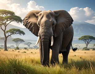 Fototapeta premium Majestic elephant in natural habitat, grassy plains, and scenic landscape