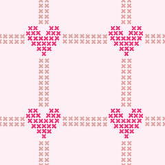 Hand drawn cross stitch hearts in a minimalist checks pattern in colors of pink, cream, off white on off pink background. Valentine&rsquo;s Day seamless vector pattern.Great for homedecor, fabric, wallpaper