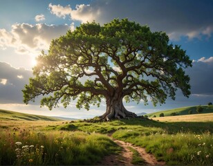 Fototapeta premium A majestic, ancient tree stands prominently in a sunlit grassy field with a winding path