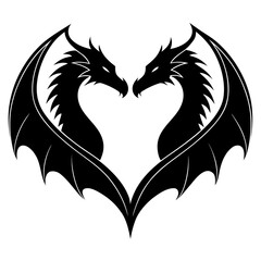Fototapeta premium Realistic silhouette of two dragons facing each other forming a heart shape with wings spread, black fill, white background, no text, clean symmetrical design.