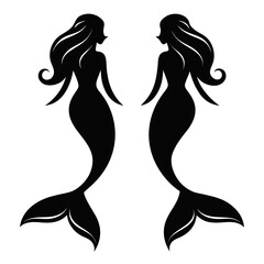 Realistic silhouette of two mermaids facing each other in symmetry, black fill, white background, clean balance