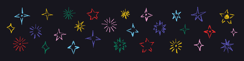 Sparkling stars hand drawn set, twinkle elements, starbursts with wax crayon texture. Naive childish shine design elements vector illustration