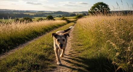 Joyful Scruffy Terrier Mix Dog Enjoys a Peaceful Walk Along a Sunny Rural Path
