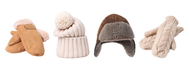 Neutral winter hats and gloves collection, isolated, PNG