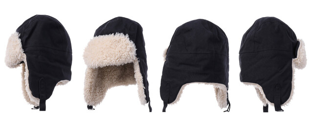 Four angles of a black winter hat with fur lining, isolated, PNG