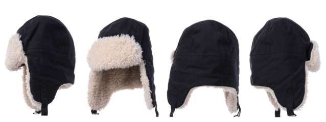 Four angles of a black winter hat with fur lining, isolated, PNG