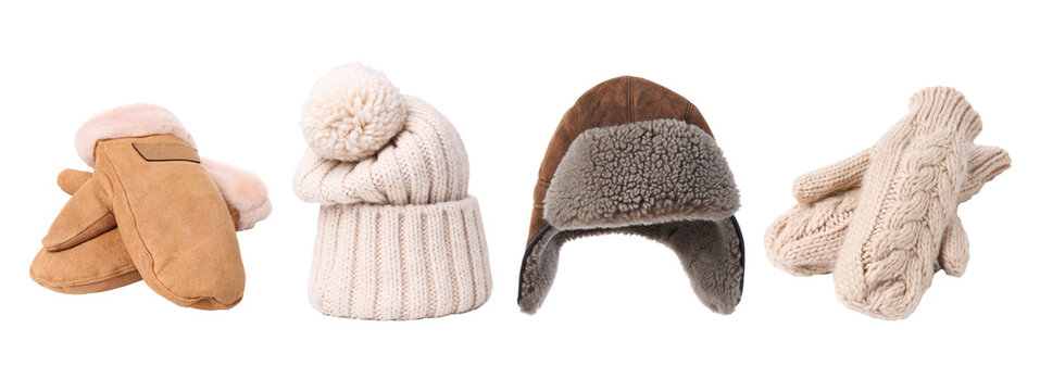 Neutral winter hats and gloves collection, isolated, PNG
