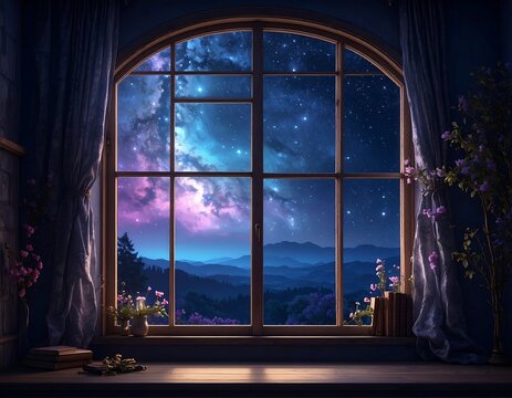 Interior with a large window showing a starry night view of mountains - Powered by Adobe