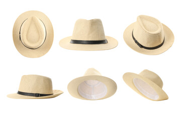 Various perspectives of a straw hat with a black band, isolated, PNG
