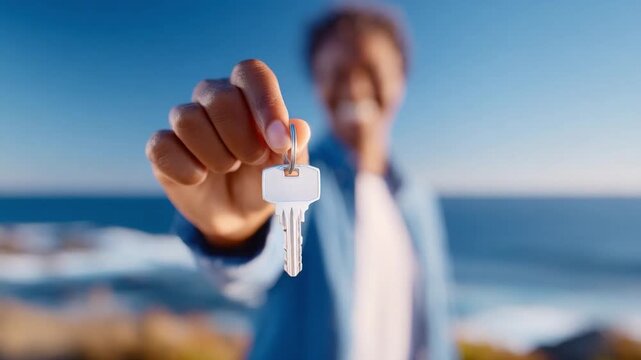 Key to New Beginnings: An individual, radiating optimism, extends a gleaming key towards the camera, symbolizing new beginnings and property ownership, set against a scenic coastal backdrop.