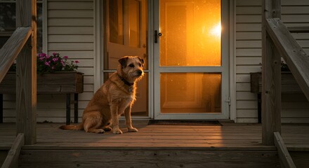 A dog sits on a porch, backlit by a golden sunset through a screen door
