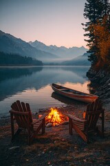 a bonfire in front of two chairs at sunset and a small boat on the lake