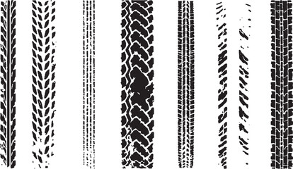 Grunge tire track vector set with rugged wheel tread patterns for car and transport design concepts