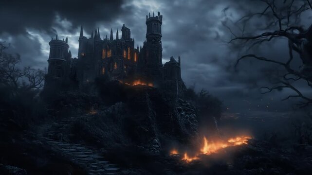 Mysterious gothic castle silhouetted against a moody night sky