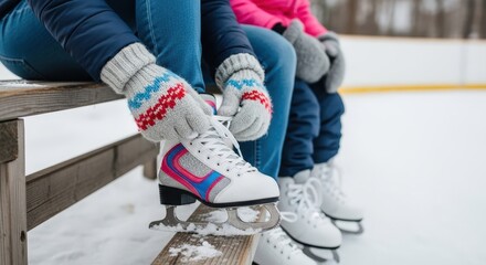 Close up of person wearing warm mittens lacing white ice skates on a snowy wooden bench at outdoor ice rink